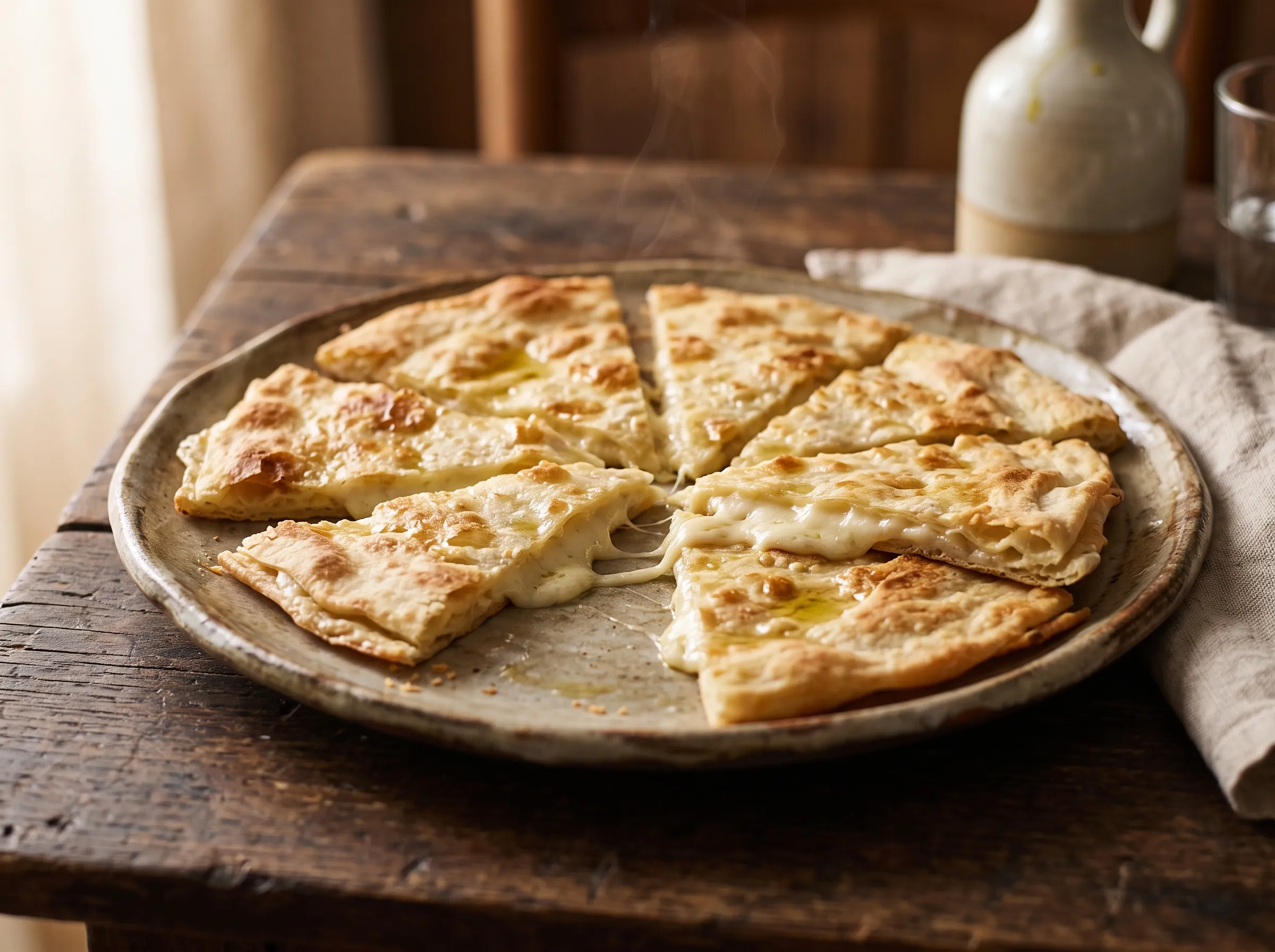 Focaccia fina e dourada cortada em pedaços, com queijo cremoso escorrendo