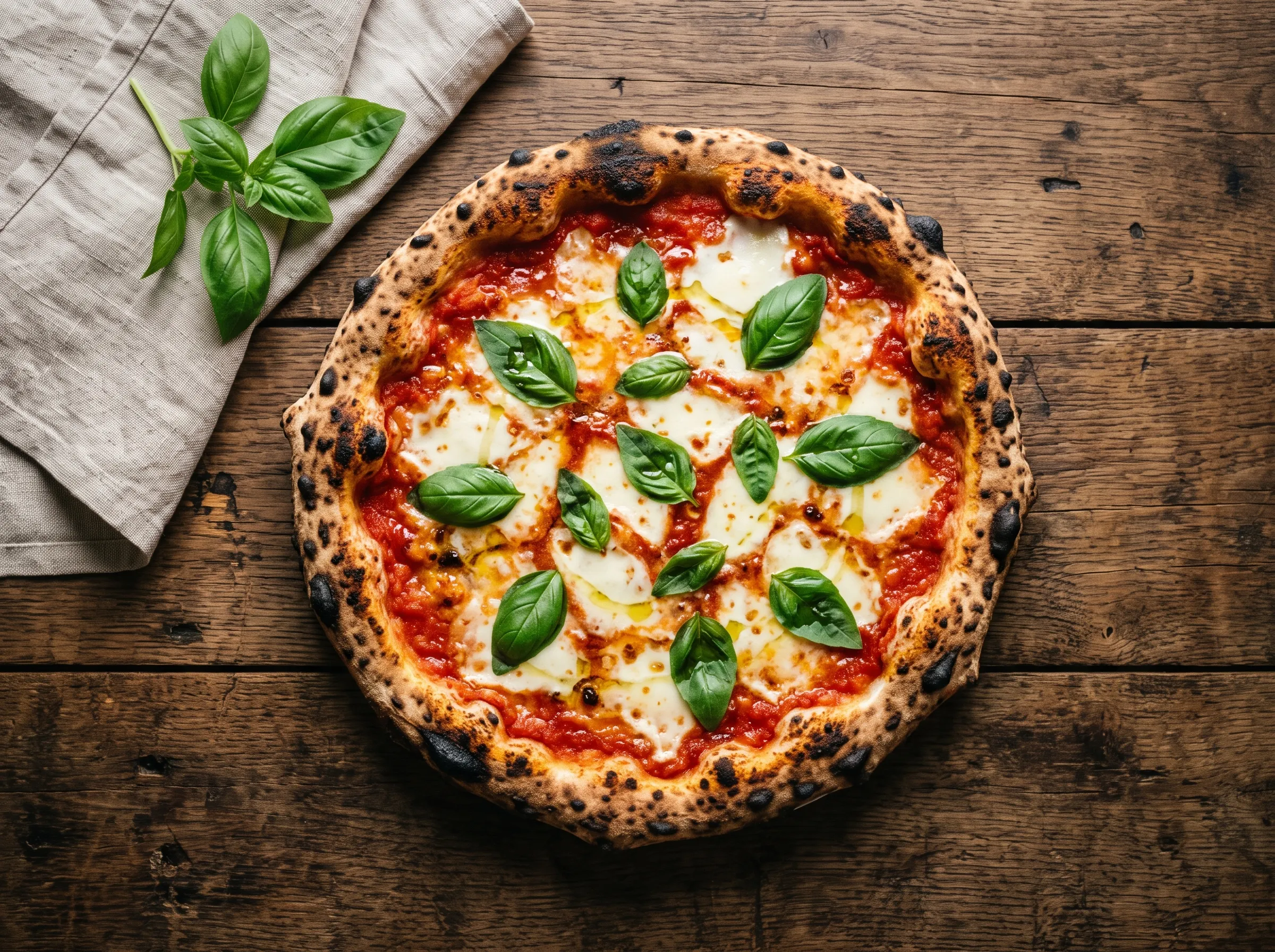Pizza margherita vista de cima, com manjericão fresco, sobre mesa de madeira rústica