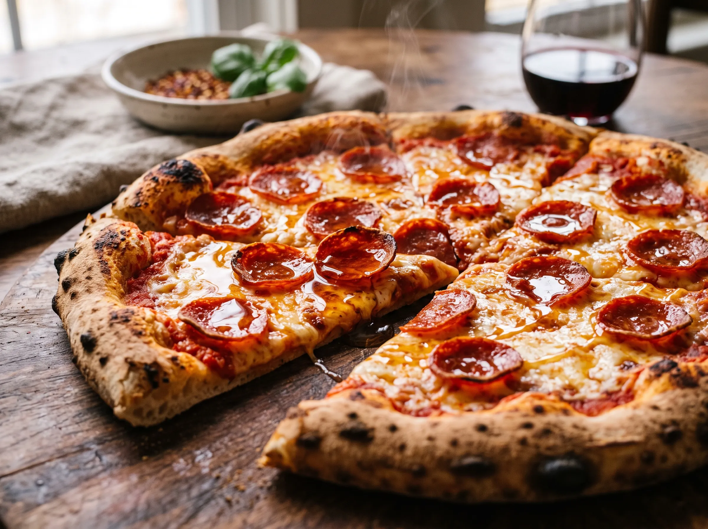 Pizza diavola com salame picante, já fatiada, ao lado de uma taça de vinho tinto