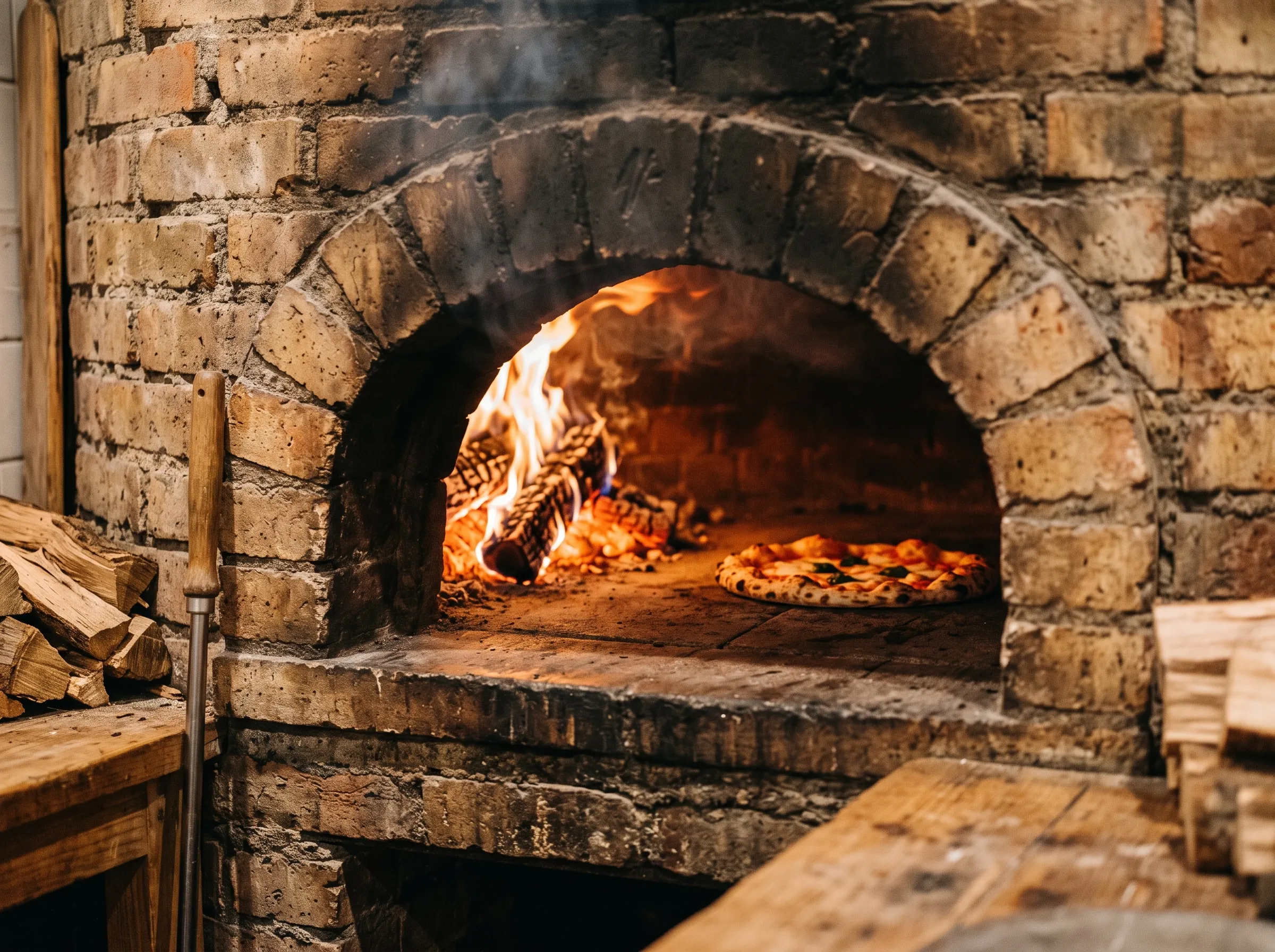 Forno de tijolos aceso, com a lenha em chamas e uma pizza assando lá dentro