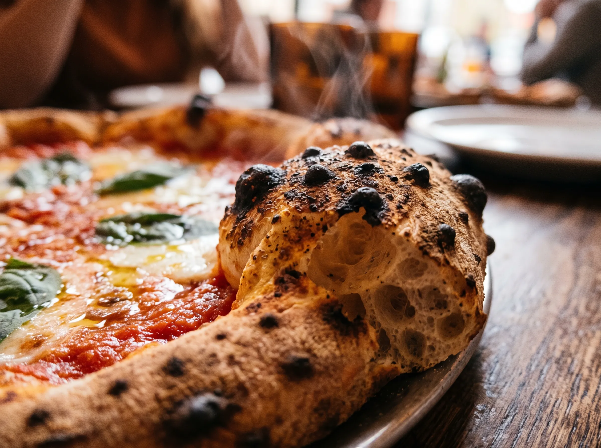 Close da borda alta e estufada da pizza, com as manchinhas tostadas do forno a lenha