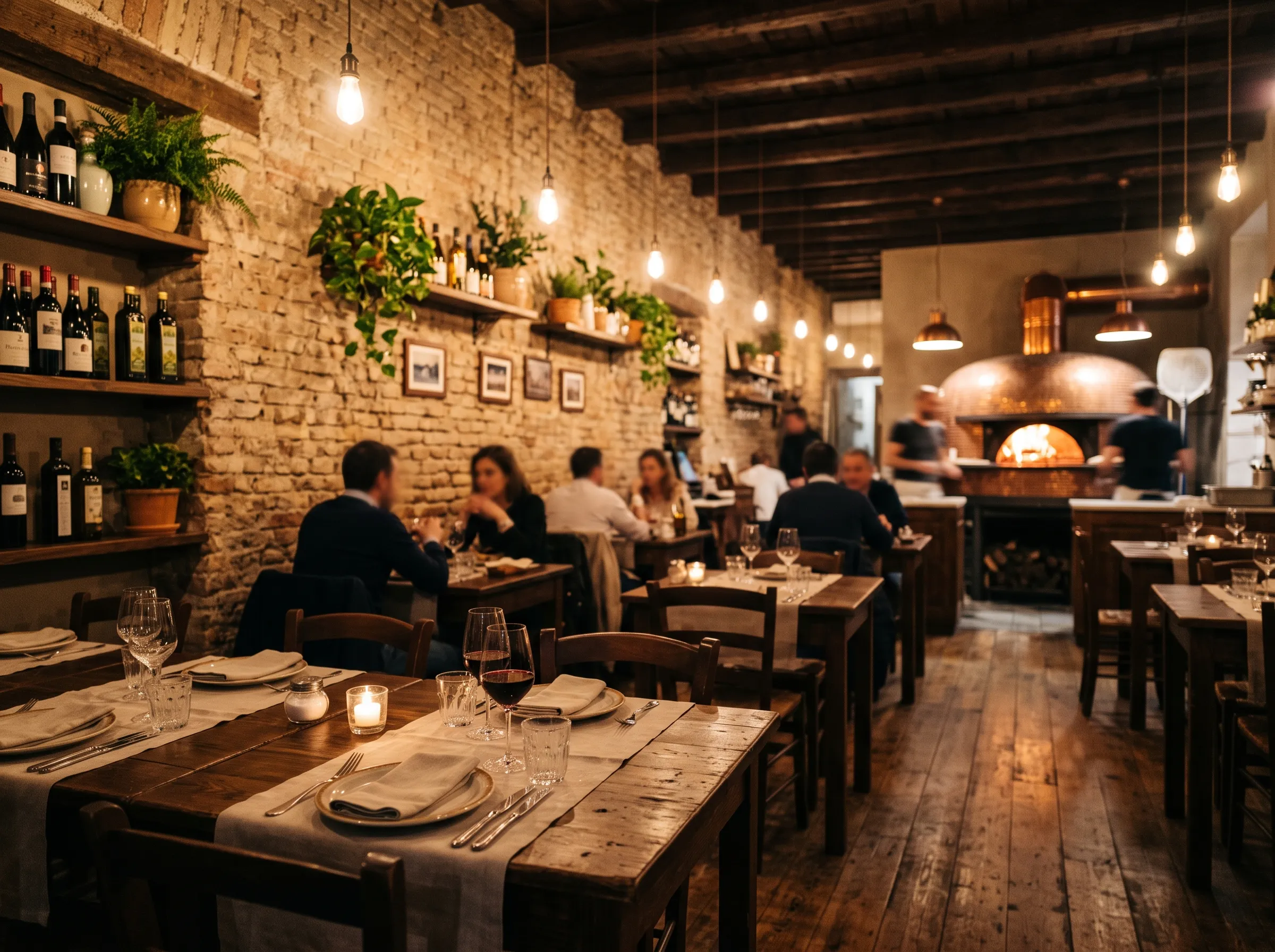 Salão da pizzaria com paredes de tijolo, mesas de madeira ocupadas e o forno ao fundo