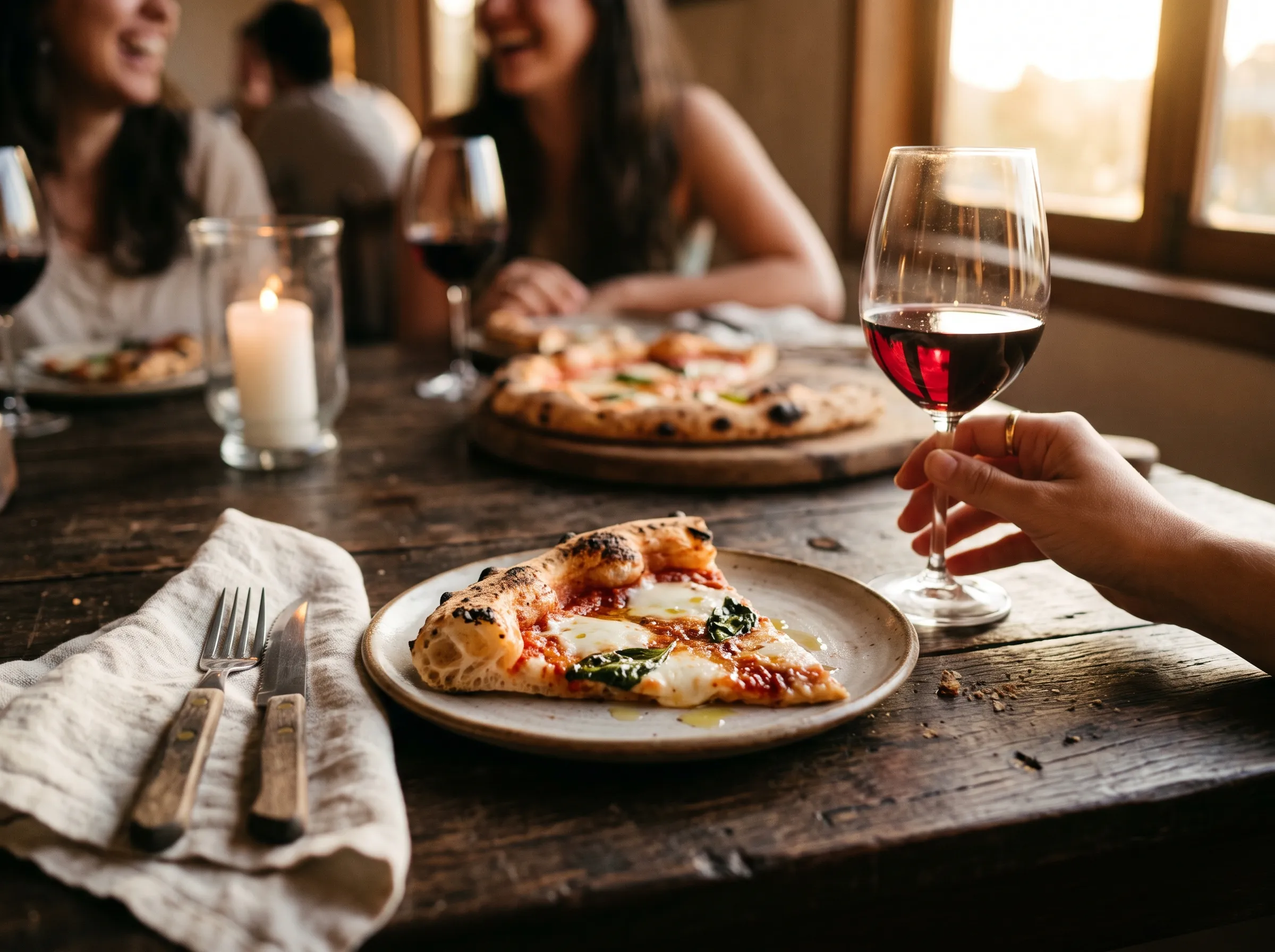 Amigos à mesa dividindo pizza e vinho tinto à luz de vela