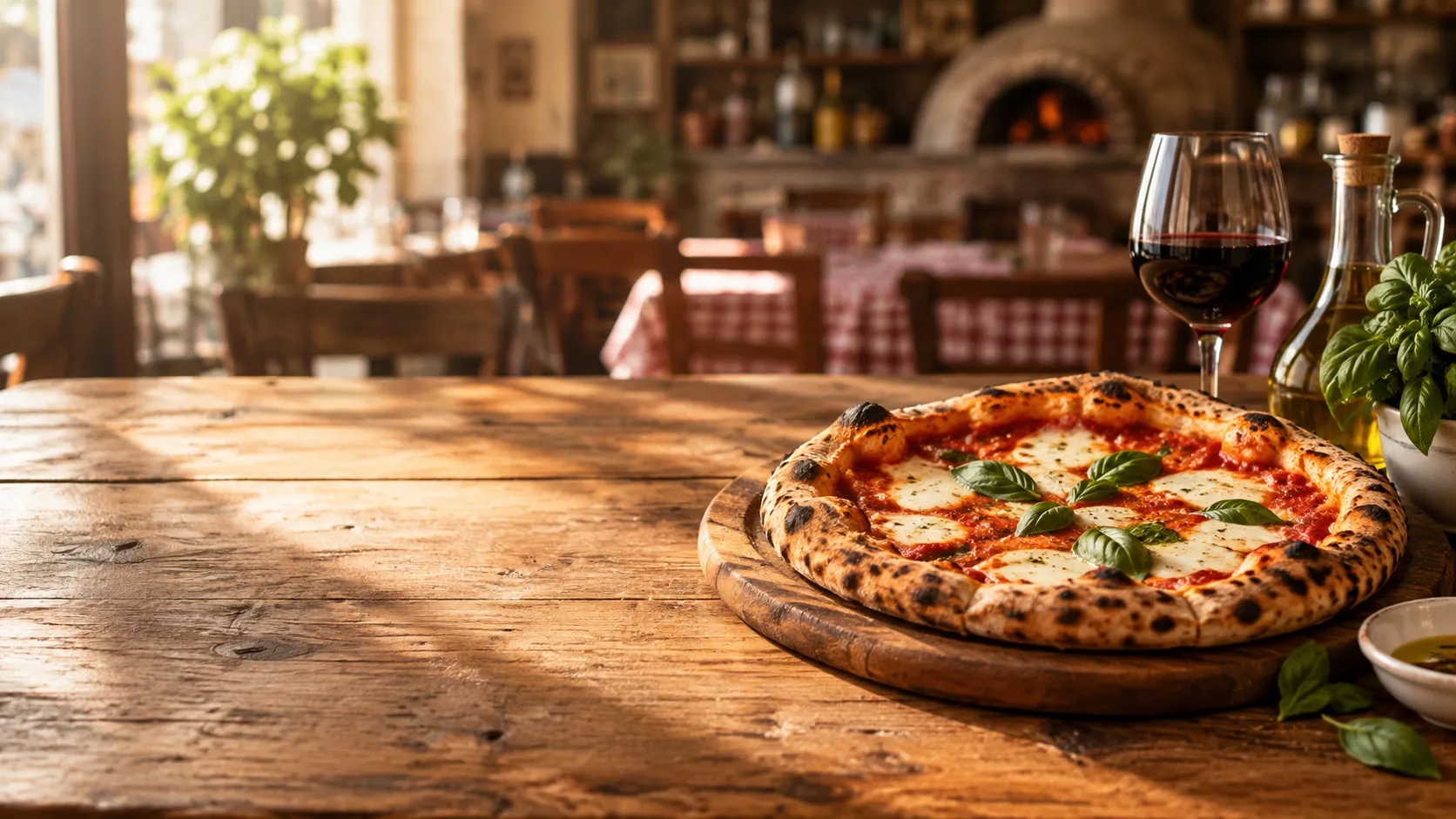Mesa de pizzaria napolitana com pizza margherita recém-assada