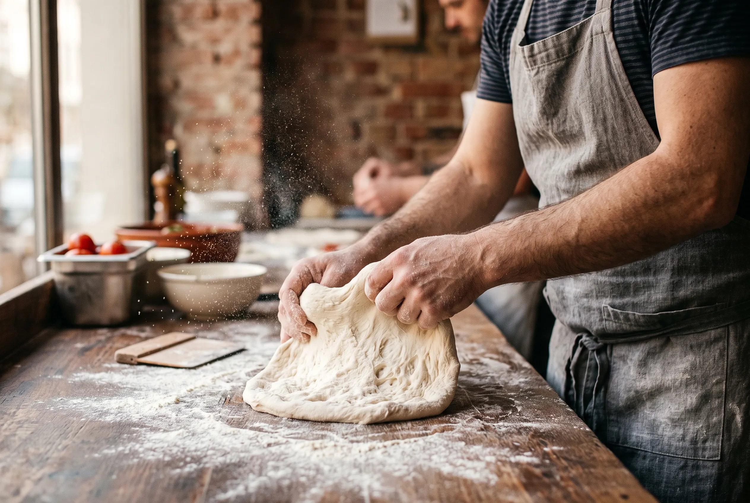 Mãos de pizzaiolo abrindo a massa de pizza napolitana numa bancada enfarinhada