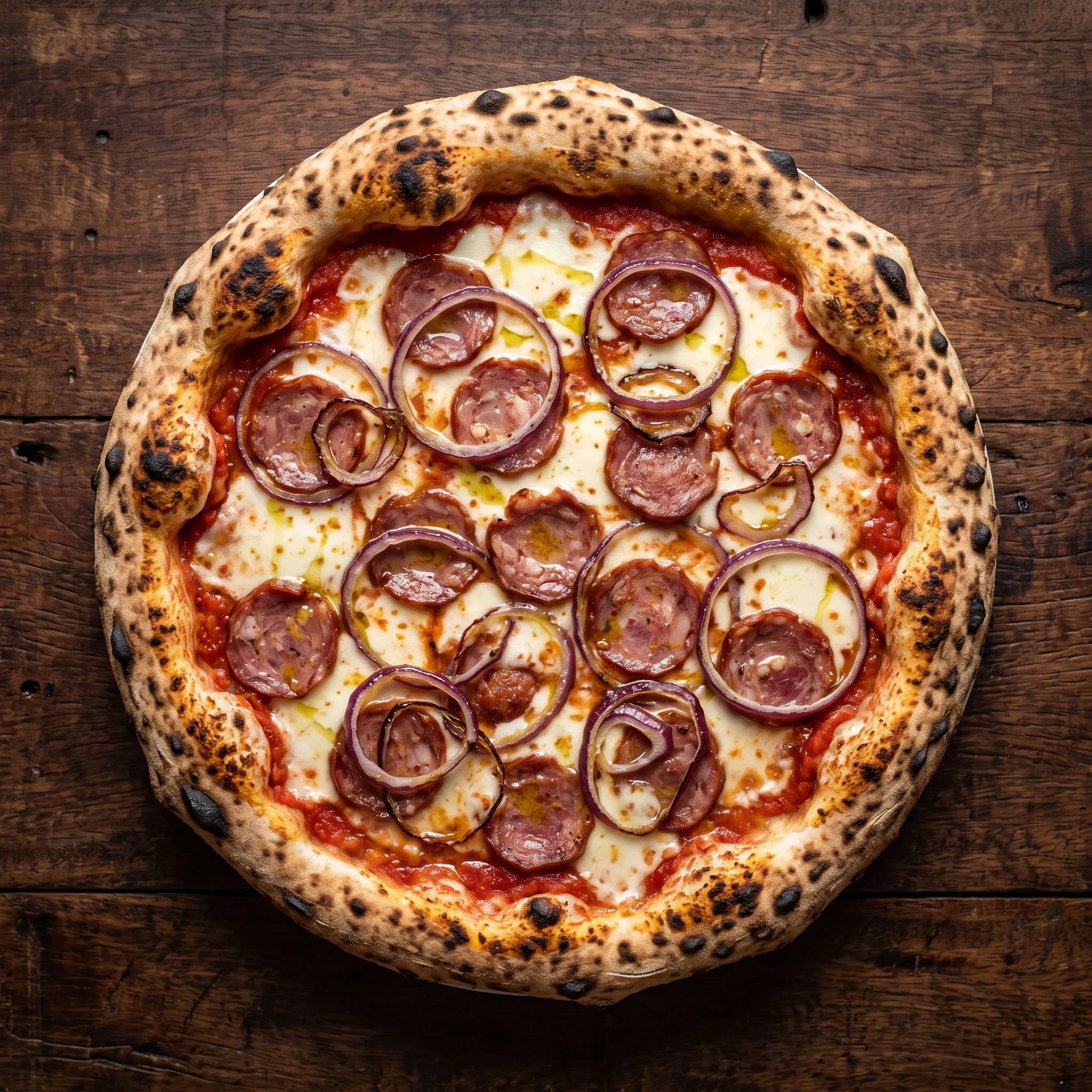 Pizza de calabresa artesanal fatiada com anéis de cebola roxa