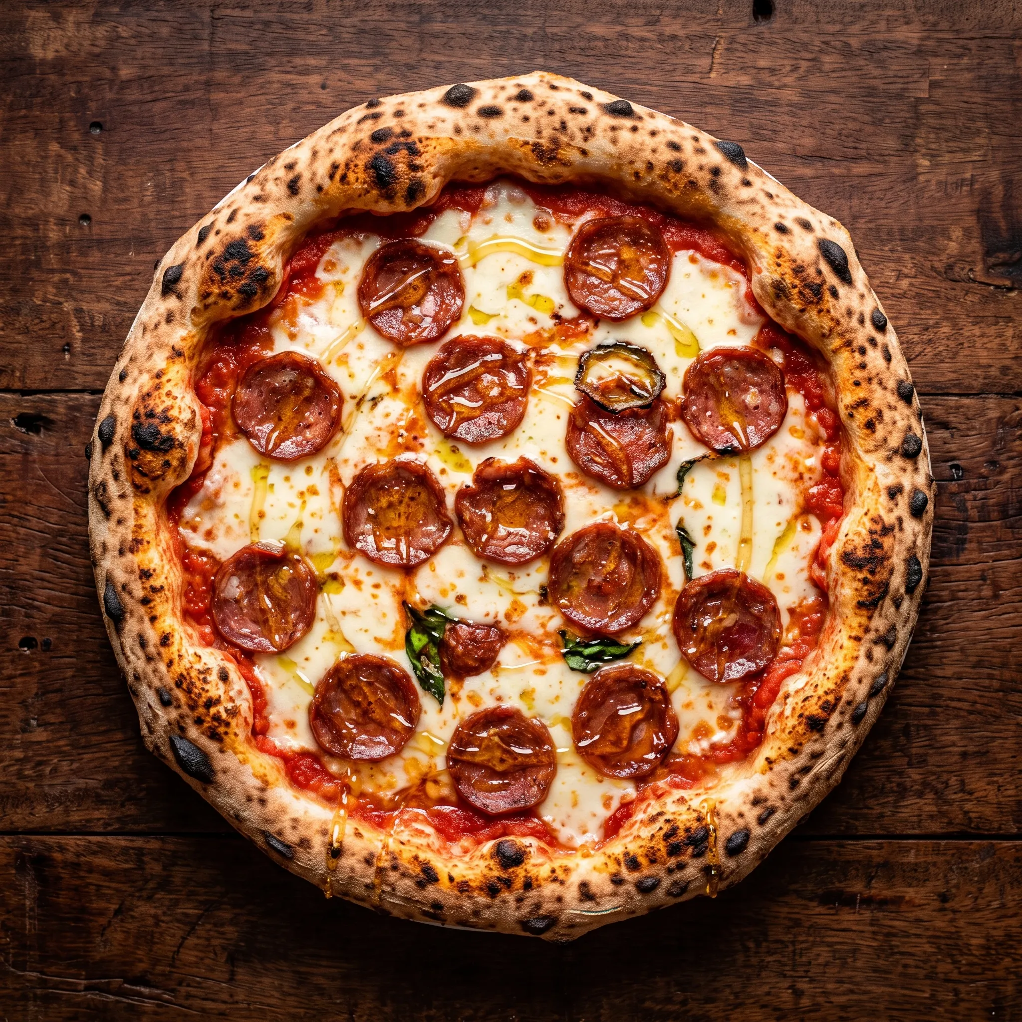 Pizza diavola coberta de rodelas de pepperoni picante