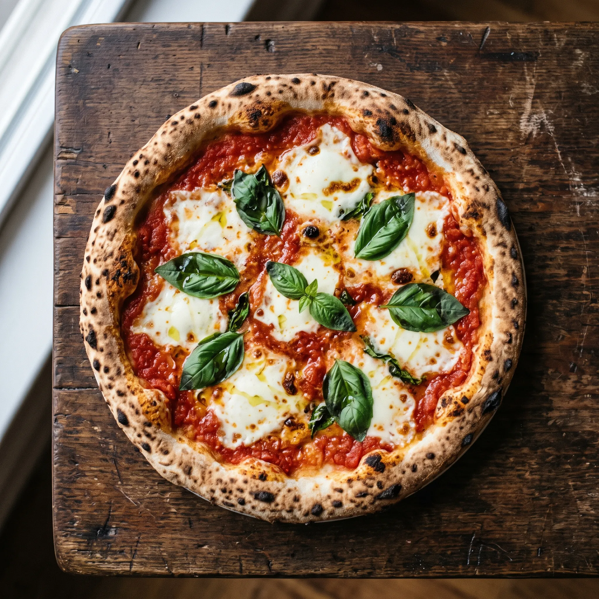 Pizza margherita com muçarela de búfala, molho de tomate e folhas de manjericão