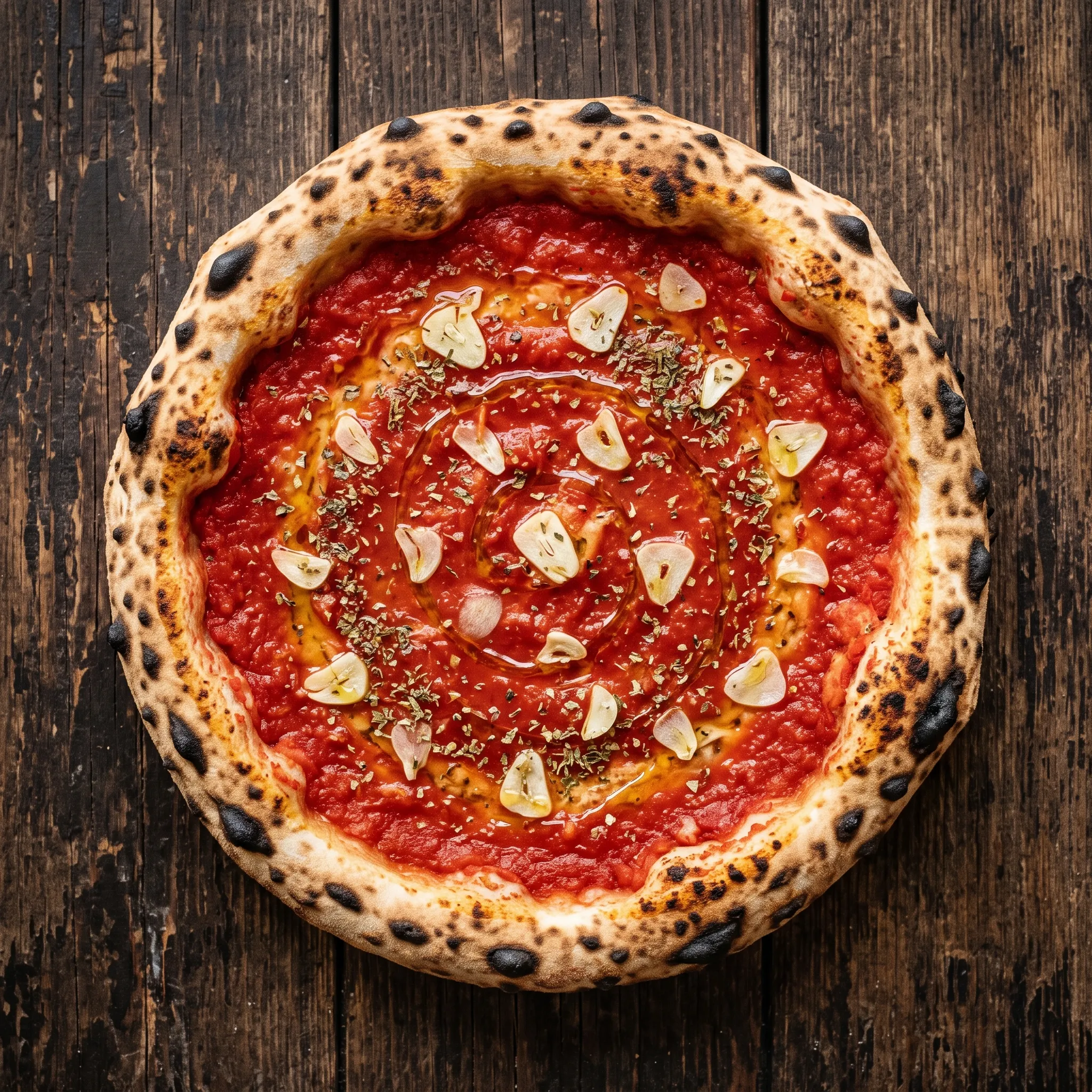 Pizza marinara com molho de tomate, lâminas de alho, orégano e fio de azeite