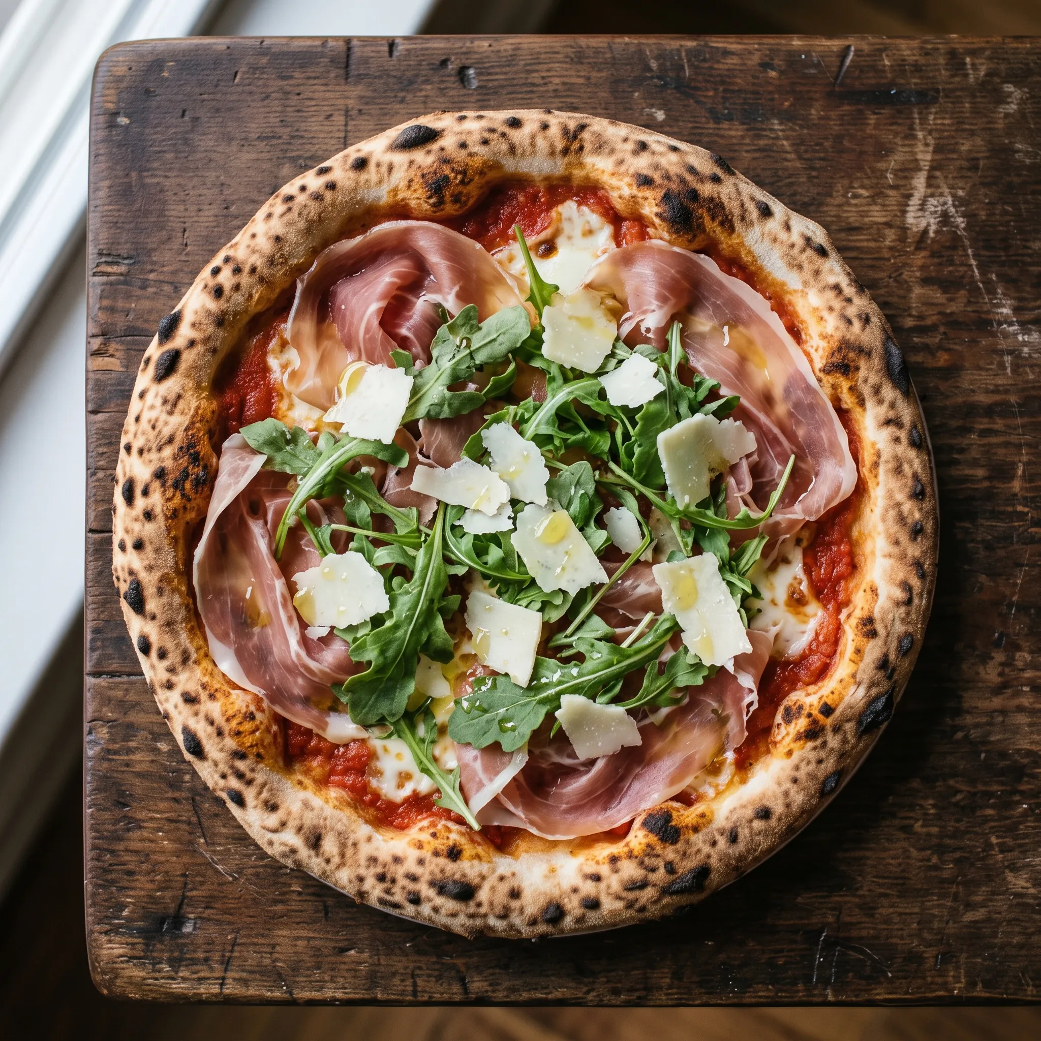 Pizza com fatias de presunto cru, rúcula fresca e lascas de parmesão