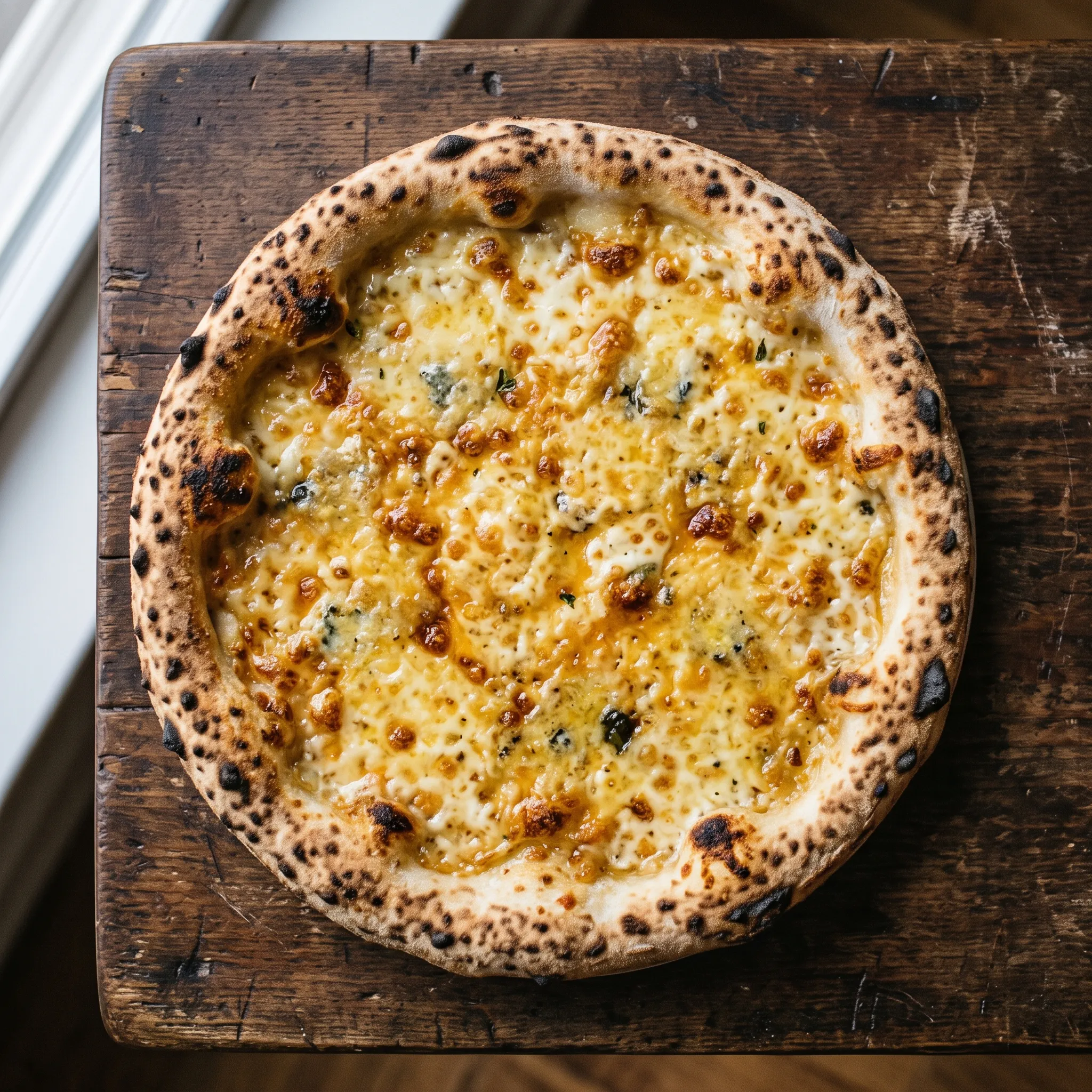 Pizza quattro formaggi com os quatro queijos derretidos e dourados