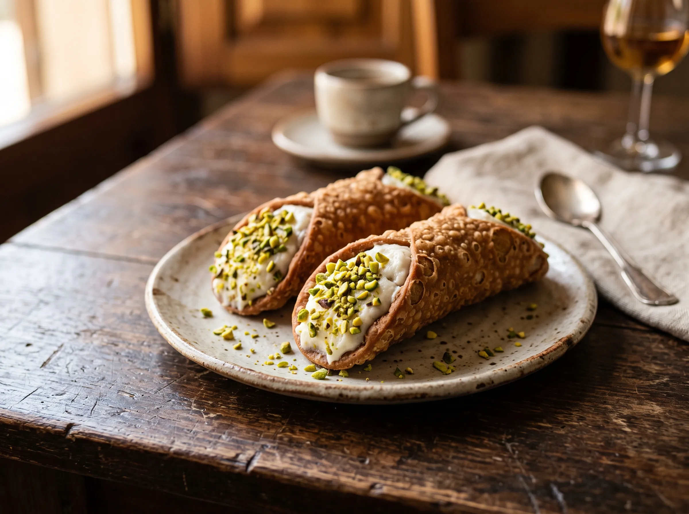 Dois cannoli sicilianos crocantes recheados com ricota doce e pistache picado