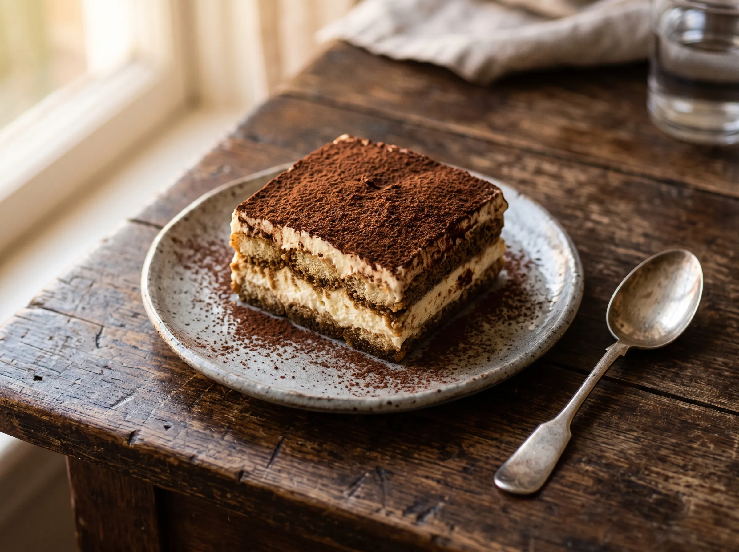 Fatia de tiramisù em camadas de creme de mascarpone, polvilhada com cacau